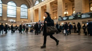 A commuter carrying a foldable lightweight holdall across a busy railway station concourse