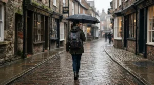 A reliable backpack for laptop users walking through a light drizzle in a historic British city street