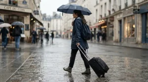 A durable best wheeled holdall being pulled along a wet British pavement