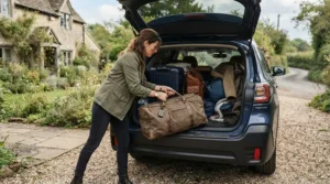 Loading a waterproof holdall for camping into the boot of a car ready for a weekend getaway