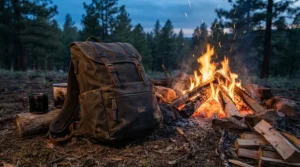 A reliable waterproof holdall for camping placed near a glowing evening campfire outdoors