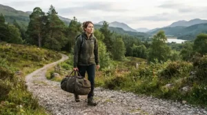 A hiker carrying a heavy waterproof holdall for camping across a rocky pathway on a trek