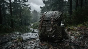 A waterproof holdall for camping staying dry during a heavy rain shower at a campsite pitch