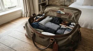 An open waterproof holdall for camping displaying rolled clothing and packed adventure gear inside