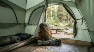 A waterproof holdall for camping neatly stored inside a modern family tent on a weekend trip