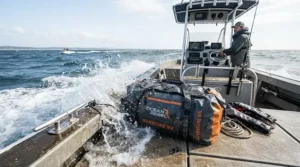 A waterproof holdall for sailing sitting safely in a cockpit while waves splash over the stern.