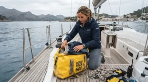 A sailor stowing gear in a waterproof holdall for sailing on a yacht deck in the Solent.