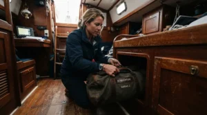 Fitting a flexible waterproof holdall for sailing into a tight starboard cabin locker.