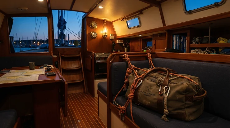 Securing a waterproof holdall for sailing below deck during an overnight offshore passage.
