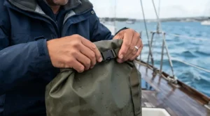 Demonstrating the secure roll-top seal on a bright yellow waterproof holdall for sailing.