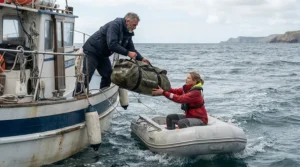 Transferring a waterproof holdall for sailing into an inflatable tender during a choppy anchorage.