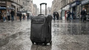 Water-resistant wheeled holdall for sports kit enduring typical British rainy weather outdoors