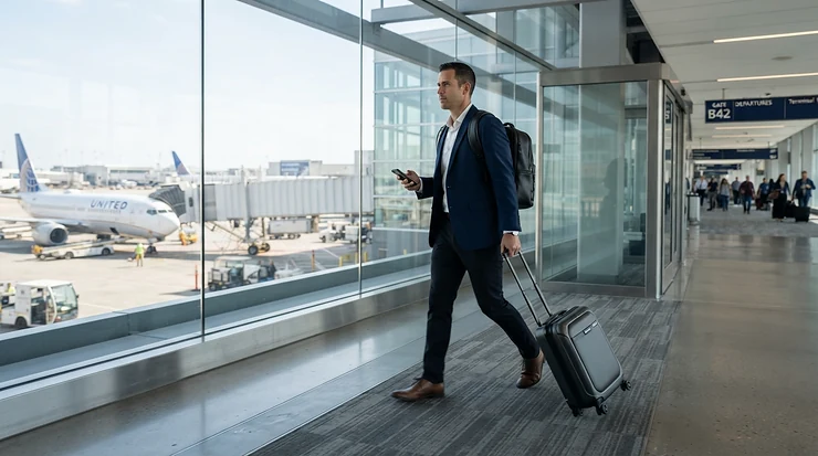 A professional walking through a transit terminal with a smart wheeled holdall for cabin baggage.