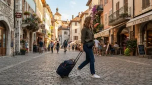 Pulling a durable wheeled holdall for cabin baggage across historic city cobblestones.