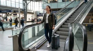 Navigating a station escalator with a practical wheeled holdall for cabin baggage.