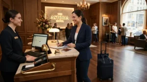 Checking into a hotel reception with a smart wheeled holdall for cabin baggage.