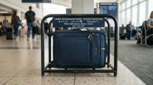 Fitting a wheeled holdall for cabin baggage into an airline size restriction checker.