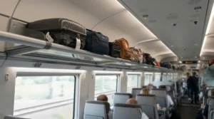 A compact wheeled holdall for cabin baggage stored securely on an overhead train rack.