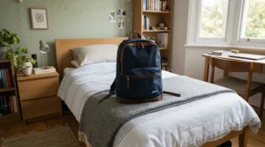 An affordable laptop backpack for university resting neatly on a student dormitory bed surrounded by study gear.