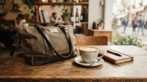 A remote worker setting up a laptop next to the best laptop briefcase on a rustic table in a local coffee shop.