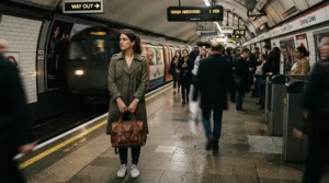 A commuter holding the best laptop briefcase while waiting on a busy London Underground platform during rush hour.