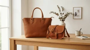 Two contrasting sizes of the best laptop briefcase displayed side by side on a stylish wooden desk.