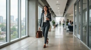 A tailored professional wearing sharp office attire while carrying the best laptop briefcase down a corporate corridor.