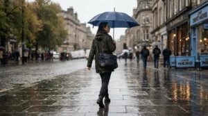 A city worker walking briskly under an umbrella with the weather-resistant best laptop briefcase in a drizzle.