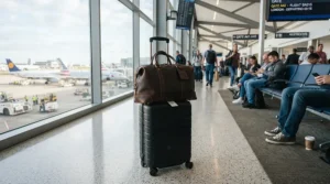 A business traveller resting the best laptop briefcase atop a wheeled suitcase in a departure lounge.