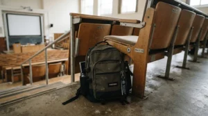 A compact laptop backpack for university tucked neatly under a tiered lecture theatre seat during a presentation.