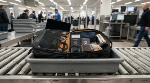 A laptop backpack for travel opened flat in a plastic security tray at an airport screening lane