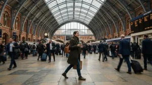 A commuter walking through a busy London railway station carrying a laptop backpack for travel