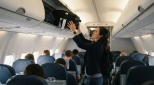 A passenger sliding a compact laptop backpack for travel into an aircraft overhead locker