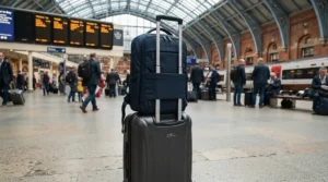 A laptop backpack for travel securely attached to a rolling suitcase handle at a train station