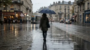 A commuter in a waterproof jacket wearing a weatherproof laptop backpack for travel in the rain