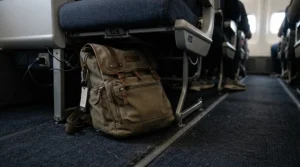 A laptop backpack for travel neatly stowed on the floor beneath an economy aircraft seat