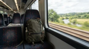 A commuter-friendly laptop backpack for university placed on a commuter train seat during the morning journey to campus.