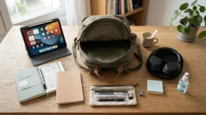 A laptop backpack for university unpacked on a table, surrounded by lecture essentials like stationery, folders, and text books.