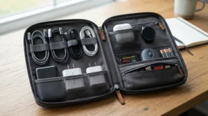 Neat cable compartments inside a premium laptop briefcase for office tech accessories.