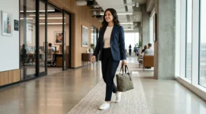Smart-casual professional wearing a canvas laptop briefcase for office environments.