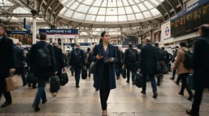 A professional walking through a busy underground station carrying a stylish laptop briefcase for office use.