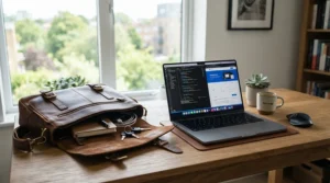 An open leather laptop briefcase for office work resting beside a modern wooden desk and monitor.