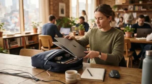 Compact laptop briefcase for office hot-desking and flexible working spaces.