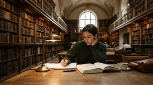 A researcher studying in a grand traditional library hall with a structured laptop briefcase for women resting on the oak desk.