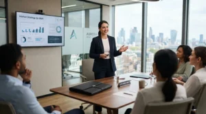 A professional presenting in a glass-walled London boardroom with her sleek laptop briefcase for women resting on the table.