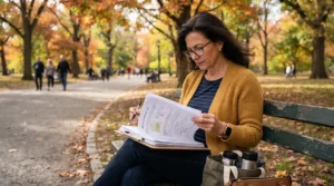 A professional reviewing documents outdoors on a park bench next to her premium laptop briefcase for women.