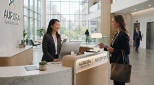A professional checking in at a sleek corporate office reception desk with a protective laptop briefcase for women in hand.
