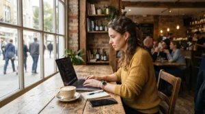 A remote worker typing on a laptop at a corner table in a cosy British cafe with her leather laptop briefcase for women beside her.