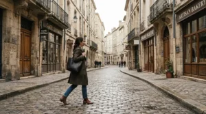 A city worker walking past historic Georgian townhouses while carrying a durable laptop briefcase for women.
