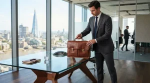 An executive placing his leather laptop briefcase for men on a mahogany boardroom table in the City.